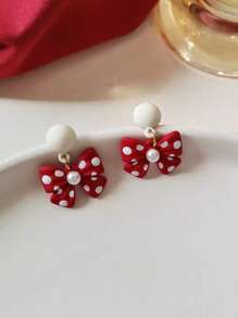 1 par de pendientes personalizados de moda con estampado de lunares rojos y moños multicolor, adecuados para niñas, uso diario y fiestas