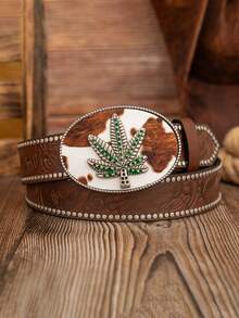 1pc Oval Green Maple Leaf Embossed Buckle Fashion Guitar Note Rivet PU Leather Belt, Unisex Fall, Autumn, Halloween - Multicolor - View 5