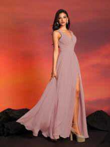 Dusty Pink Bridesmaid Dress Long Chiffon Formal Gown With Slit For Wedding Guest, Prom, Gala, Evening Party, Banquet, Cocktail, Red Carpet, Formal Ceremony, Pageant, Holiday Party, V Neck Sleeveless A-Line Maxi Dress For Women - Dusty Pink - View 5