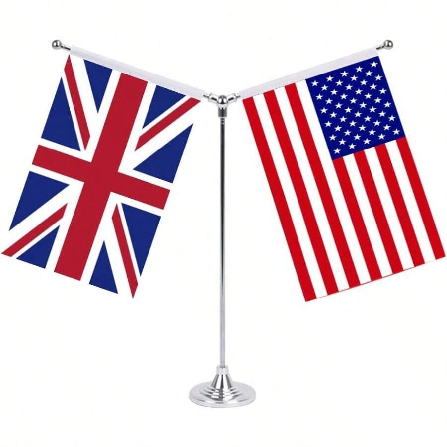TLL  Desktop Flag Holder Desk Small Flag Stand Base Y Shape Double Mini Flags Pole Office School Conference Table Decoration Silver TLL