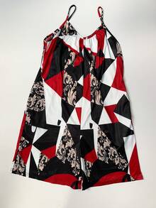 Women's Geometric Print Pocketed Loose Casual Romper Summer Elegant - Red - View 9