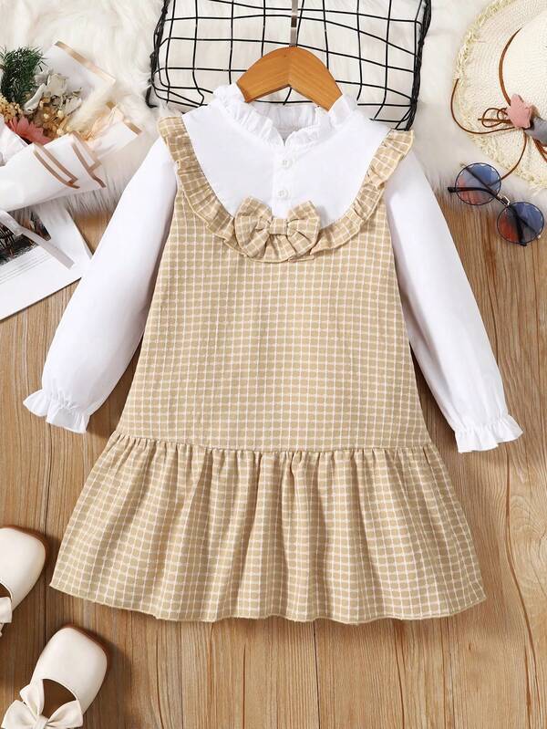 1 pieza Vestido casual de manga larga con cuello redondo, estampado de cuadros y parches, apropiado para niñas pequeñas para uso diario/exterior