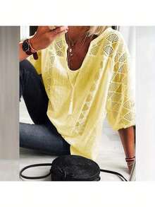 Women's 3/4 Sleeve Cotton Lined Tunic Top - Light Grey V-Neck Casual Loose Shirt With Geometric Perforated Detail, High Quality Autumn T-Shirt For Layered Or Separate Garments, S-XXL, Loose Version Top | Asymmetrical Design | Machine Washable - 黃色 - 查看 1
