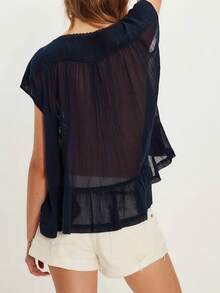 Women Summer Boho Button Front Lace Trim Shirts Tops Y2k Short Sleeve Square Neck Flowy Frilly Chiffon Cardigan Ruffle Eyelet Tank Tops Beach Vacation Going Out Tops Blouses Casual Aesthetic Clothes - Màu xanh hải quân - Xem 2