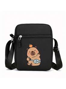 1 件，创意水豚印花黑色迷你斜挎包 - 适合休闲外出的运动包，轻质涤纶衬里，可调节肩带 - 黑色 - 查看 7