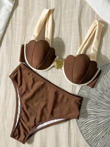 Bikinx 女士优雅度假贝壳杯撞色滚边细钢圈泳衣，夏季 - 棕色 - 查看 5