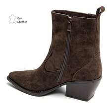 Pointed Toe Ankle Boots In Genuine Suede Leather, Featuring A Cuban Heel And A Structured Design For A Bold And Elegant Style. - Brown - View 4