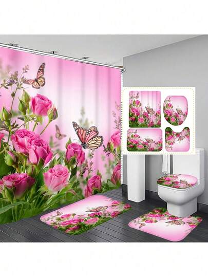 1/4pcs Romantic Butterfly & Floral Polyester Waterproof & Heat Insulation Bathroom Shower Curtain With 12 Hooks, Or 4pcs 1.3cm Thick Memory Foam Anti-Slip Bathroom Mat Set, Bathroom Curtain & Bathroom Set For All Scenarios Bathroom Decor