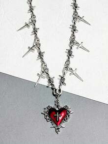 Goth Subculture -Inspired Heart Sword & Thorn Pendant Necklace, Retro Harajuku Hip-Hop Street Style