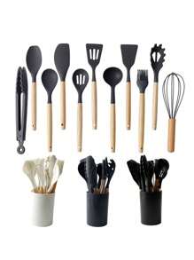 12 Stücke Silikon Kochutensilien Set, hitzebeständiges Pfannenwender Set mit Holzgriffen, für Backen, Kochen und Mixen, beste kleine Küchenhelfer, mit Halterung, Küchenhelfer
