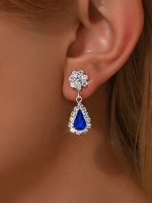 1 Pair Of Navy Blue Zirconia Earrings With Water Droplets,Suitable For Giving Gifts To Parties, Parties, Festivals, And Other Parties - Teardrop - View 3