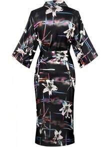 DandyChic Women's Long Floral Satin Robes Imitation Silk Sleepwear Bridal Dressing Gown For Bridesmaid Nightgownhalloween - 黑色/花朵 - 查看 2