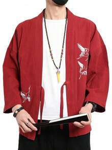 Men's Japanese Kimono Cardigan Loose Cotton Linen 3/4 Sleeve Open Front Casual Summer Shirt Jackets - 06- Red - View 5