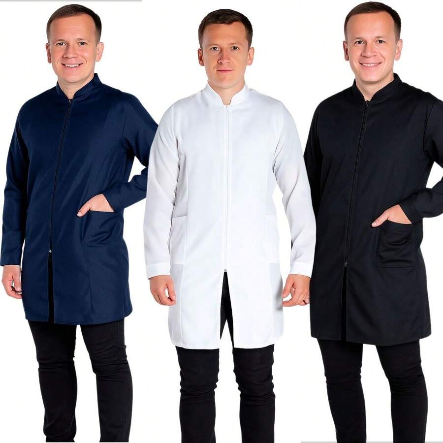 Men's Oxford Lab Coat Long Sleeve Slim Comfortable Breathable Professional Health Modern Style For Laboratory Clinics - 藏蓝色 - 查看 1