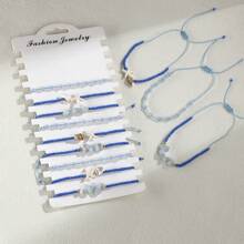 12 Peças/Conjunto Estilo Boho Pulseira Ajustável Conjunto de Conchas com Contas Azul Oceano e Pedras Naturais para Mulheres, Férias e Festa