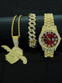 1 Set de joyería para hombre con colgante con signo de dólar con alas todo cubierto de rhinestone, reloj, pulsera, conjunto de joyería de lujo y glamoroso, accesorio de moda brillante
