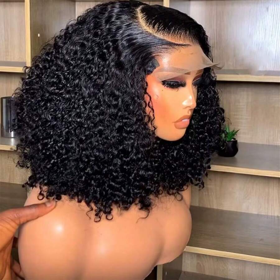 10 Inch 13x4 HD Short Bob Wigs Jerry Curly Lace Frontal Wigs Human Hair Glueless Deep Curly Water Wave Bob Wig Pre Plucked For Women Transparent Lace Closure Invisible Wet And Wavy Deep Wave Bob Lace Front Wigs 250% Density Halloween Season - Natural Black - 查看 1