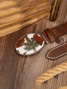 1pc Oval Green Maple Leaf Embossed Buckle Fashion Guitar Note Rivet PU Leather Belt, Unisex Fall, Autumn, Halloween - Multicolor - View 4