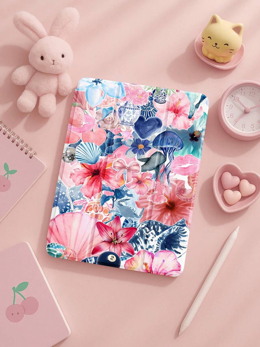 Elegant & Cute Shell, Jellyfish, Flower, Bow Patchwork Pattern Protective Case For 7th, 8th, 10th Generation (10.2 Inch), Built-In Pencil Slot, Sleep/Wake Function, Ideal For Holiday & New Year Gifts - Multicolor - View 1