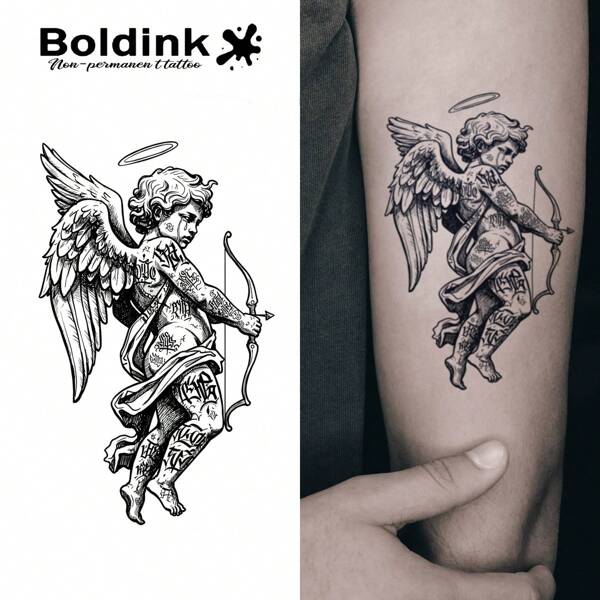 Boldink Boldink Dunkler Amor Tattoo Aufkleber | Bogen & Heiligenschein Design | wasserfest & langanhaltend bis zu 14 Tage
