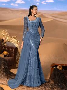 Faeriesty Đầm dạ hội dáng đuôi cá đính sequin cổ vuông thanh lịch dành cho nữ – Tay dài có cấu trúc, đuôi váy lệch vai và kiểu dáng trumpet ôm sát, thích hợp cho các buổi lễ trao giải, đám cưới sang trọng, sự kiện thảm đỏ và tiệc gala trang trọng mùa xuân. - Màu xanh bụi bặm - Xem 6