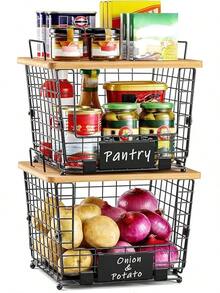 2 Set XL Stackable Wire Basket With Bamboo Tops & Tags- Pantry Organizer And Storage Bins, Kitchen Counter Cabinet Shelf Countertop Under Sink Organizing,  Snack Produce Onion Potato Bread Storage - L - 查看 10