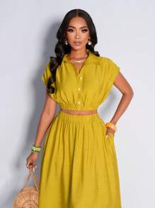 Amarilo Turmeric Sleeveless Gathered Top With Elegant Skirt, Casual And Elegant Style, Suitable For Small Gatherings, Commuting, Daily Life; Elegant And Ladylike Style, The Latest Spring And Summer Women's Daily Simple Style Suit