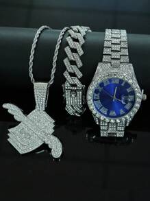 1 Set de joyería para hombre con colgante con signo de dólar con alas todo cubierto de rhinestone, reloj, pulsera, conjunto de joyería de lujo y glamoroso, accesorio de moda brillante