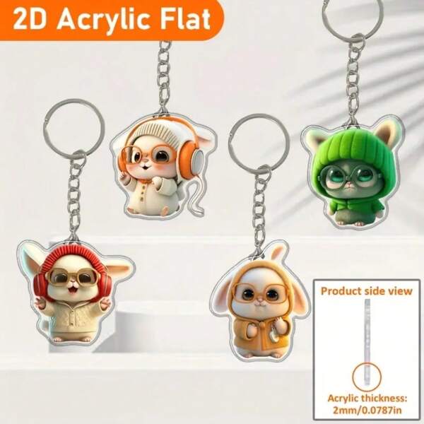 [2D Flat]A Set Of 4 New 2025 2D Keychains, Animal Rabbit Theme, Easter Gift, Holiday Gifts, Birthday Gifts, Party Keychain Gift Bag, Schoolbag Decoration, Car Decoration