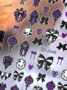 Pegatinas para uñas de Calavera de Moño 5D, 2 piezas, diseño de Corazón de Moño y Calavera, en colores púrpura, negro y blanco, decoración de uñas autoadhesiva, estilo Y2K japonés y coreano, para otoño e invierno, suministros de arte de uñas