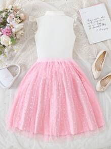 Completo per ragazze elegante con blusa senza maniche in pizzo floreale e inserto in rete e gonna a vita media a ruota, adatto per primavera ed estate