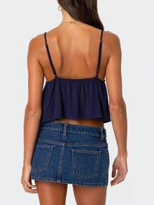 Women Babydoll Cami Tops Summer V Neck Spaghetti Strap Flowy Ruffle Crop Tank Tops Casual Backless Peplum Camisole - 深藍色 - 查看 3