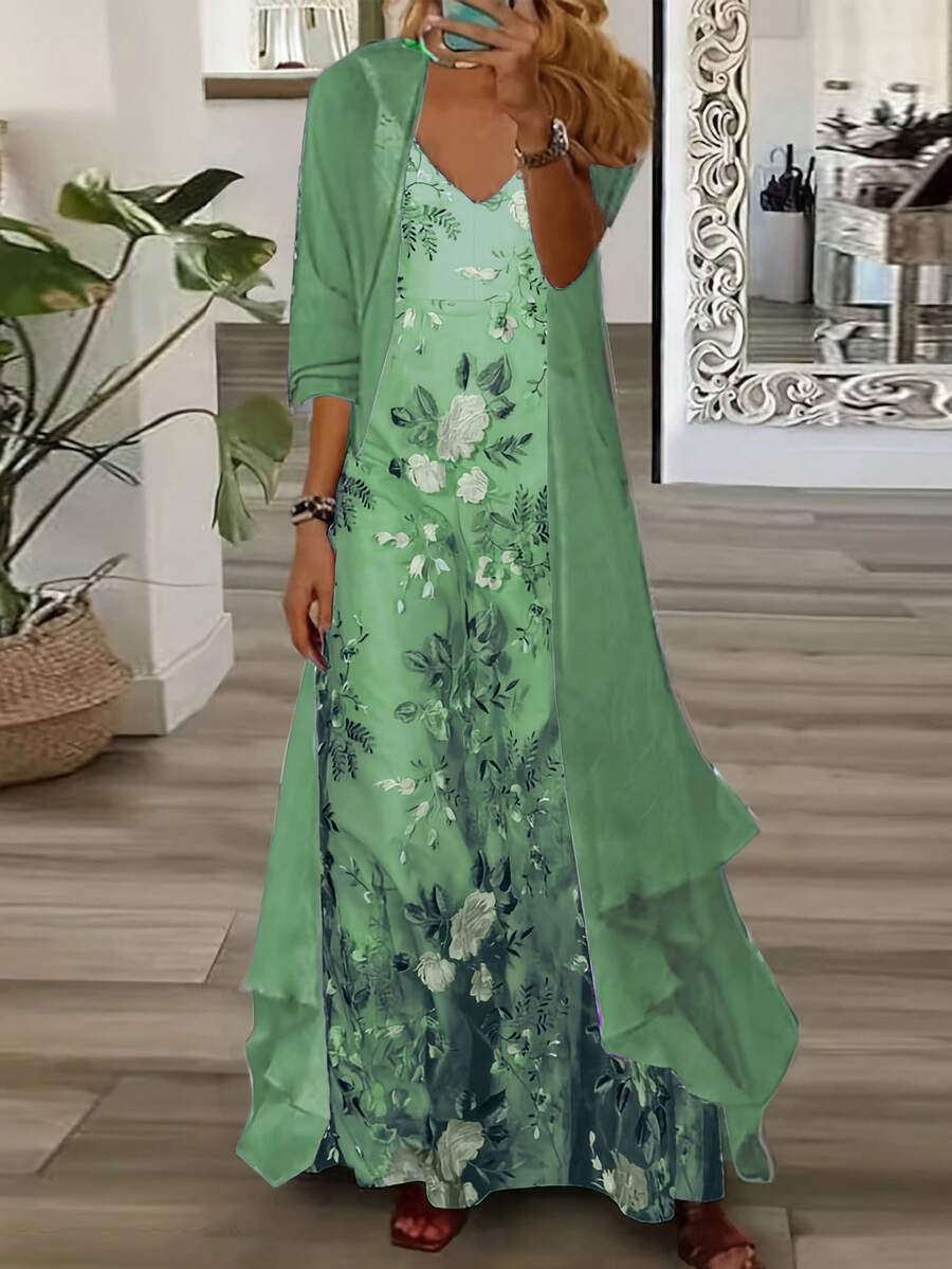 Bộ váy không tay in hoa dành cho nữ kèm áo khoác cardigan tay lửng, thanh lịch, phù hợp cho mọi mùa hè. - màu xanh lá - Xem 1