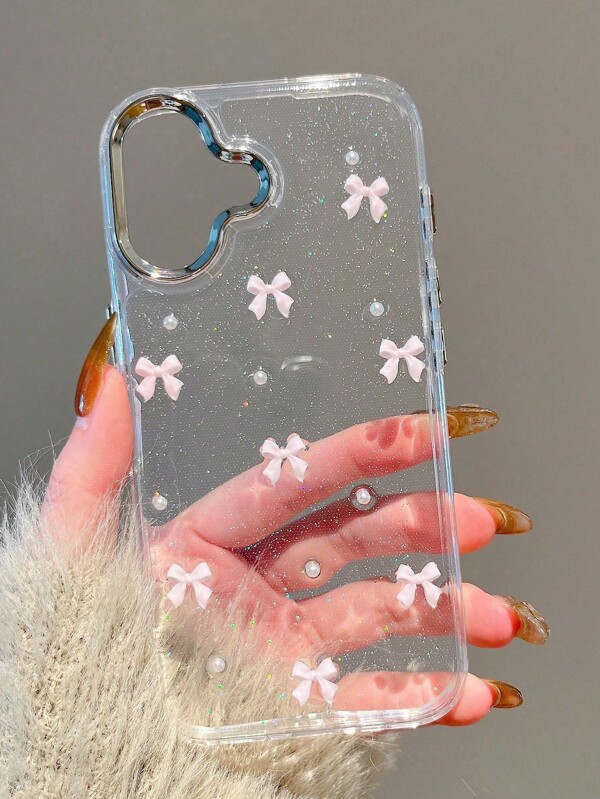 Niedliche hellrosa Schleife mit Schleife & glänzendem silbernen Rand, transparenter Hintergrund Epoxy Handyhülle kompatibel mit iPhone 16/16Plus/16Pro/16ProMax/15/14/13/12/11/X/XS/XR/Mini/Pro Max/Pro/Plus TPU rundum weiches Gehäuse