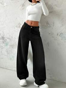 Women's Black Baggy Jeans Straight Leg Jeans | Utility Pockets With Insert & Button Detail | Comfort Stretch Denim | Casual Everyday Workwear - màu đen - Xem 3