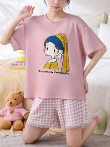Conjunto de 2 piezas de pijama de estilo mujer con cuello redondo y manga corta - estampado a cuadros, ribete de encaje, diseño lindo de niña de dibujos animados en color rosa