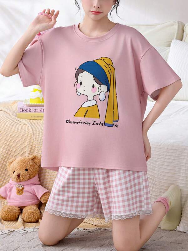 Conjunto de 2 piezas de pijama de estilo mujer con cuello redondo y manga corta - estampado a cuadros, ribete de encaje, diseño lindo de niña de dibujos animados en color rosa