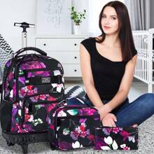 Rolling Backpack For Girls, Girl Roller Wheels Bookbag, Laptop Flower Wheeled School Bag With Wheels For Teens