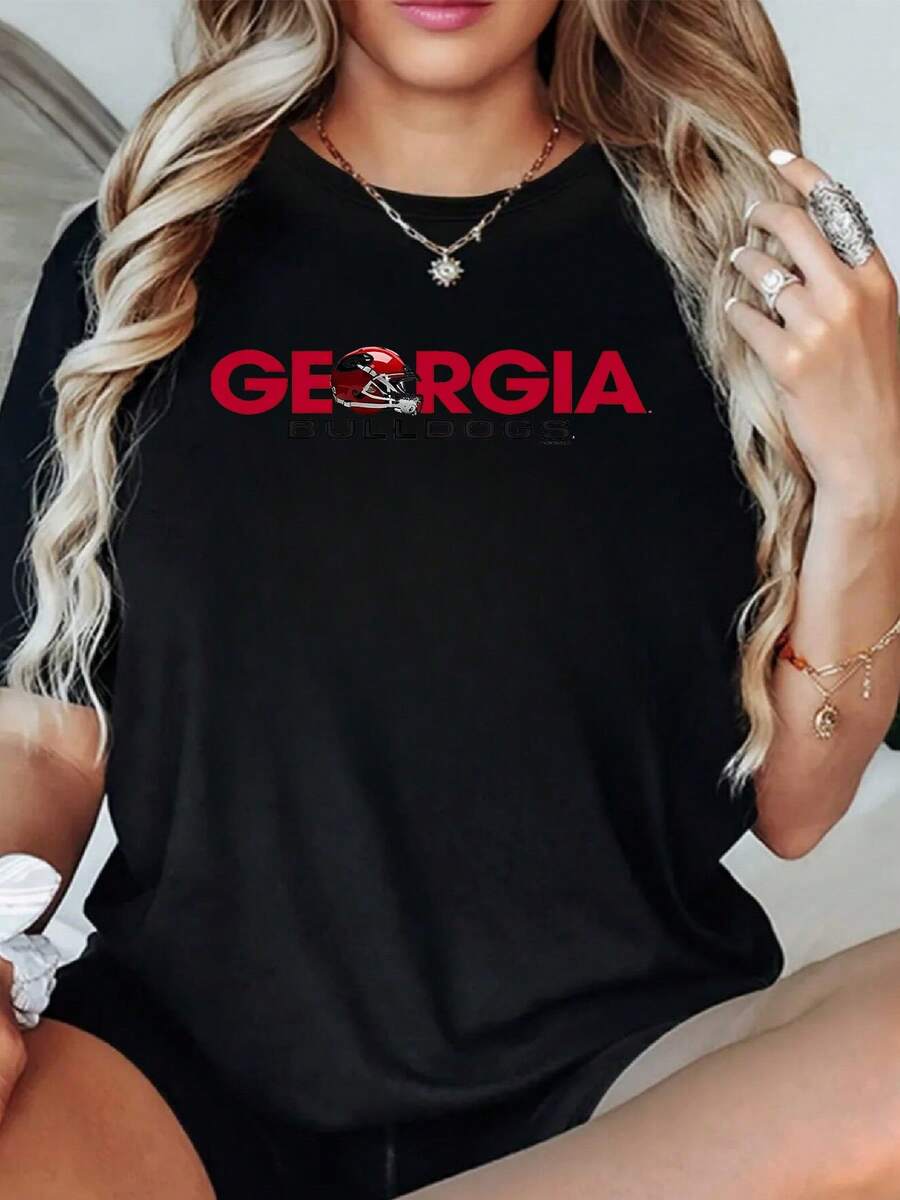 Georgia Bulldogs Women's 100% Cotton Casual Tee, 1pcs 220g Black Digital Print TShirt, Short Sleeve Summer Loose Fit Graphic Tee Top - 黑色 - 查看 1