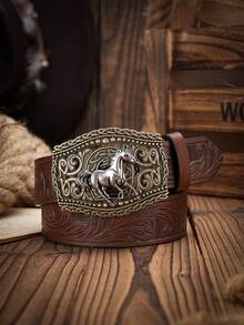 1 件男女通用波西米亚西部风格金属扣复古深棕色 PU 皮带，适合休闲和个性化搭配（含打孔器）