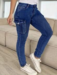 Women's Large-Sized Blue Distressed Work Pants, Denim Pants, Ankle-Length Pants, Side Flap Pockets, Multiple Pockets, High-Waist, High Elasticity, Street Casual, Comfortable, Fashionable, All-Season Large-Sized Denim Pants - 藏青色 - 查看 4