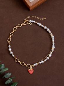 1 set de collier de luxe premium avec cœur et perle pour femmes, bijoux d'été polyvalents