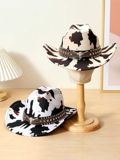 1pc Polyester Cow Print Cowboy Hat - Leather Rivet & Cow Skull Accent, Ideal For Riding, Outdoor Trips, Cowboy Parties & Daily Wear,Summer,Beach,Holiday,Travel