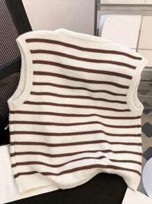 女士无袖条纹针织背心开衫金色纽扣百搭减龄春夏 - 咖啡條紋 - 查看 2