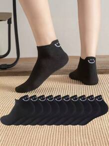 10 Pairs Women Smiling Face Jacquard Boat Socks, Low Vamp Non-Slip Solid Color Thin Soft Simple Short Socks
