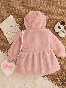2pcs/Set Baby Girl Furry Hooded Zipper Cardigan And Heart-Shape Pouch Bag Thermal Lined Winter - Pink - View 2