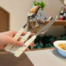 3 pezzi posate in acciaio inossidabile, coltello, forchetta e cucchiaio, set di posate, coltello da bistecca a forma di formaggio e forchetta, cucchiaio da dessert, forchetta, posate occidentali con manico in ceramica imitation