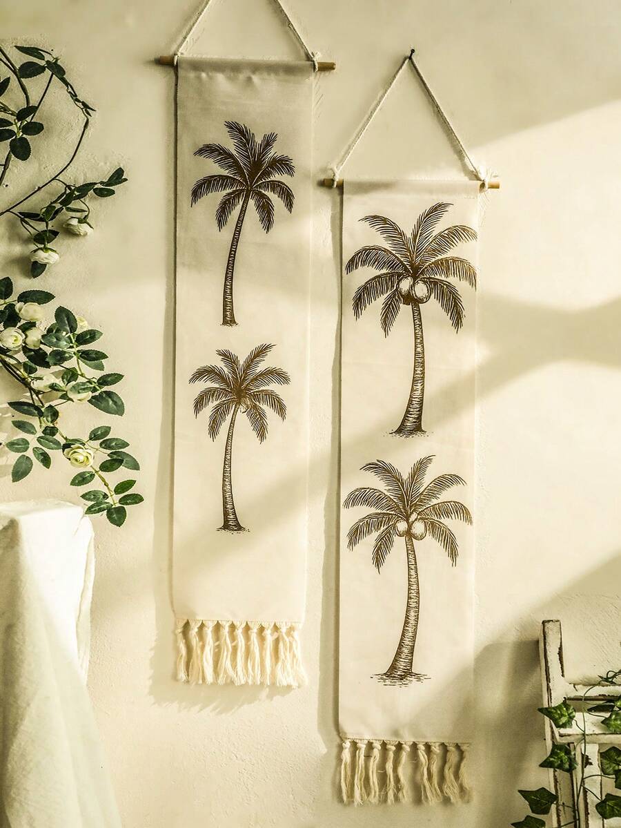 1 tấm thảm treo tường phong cách Boho nhiệt đới in hình cây cọ, thảm tua rua dọc hẹp, thích hợp trang trí phòng ngủ, phòng tắm, phòng khách (số lượng tua rua ngẫu nhiên)
