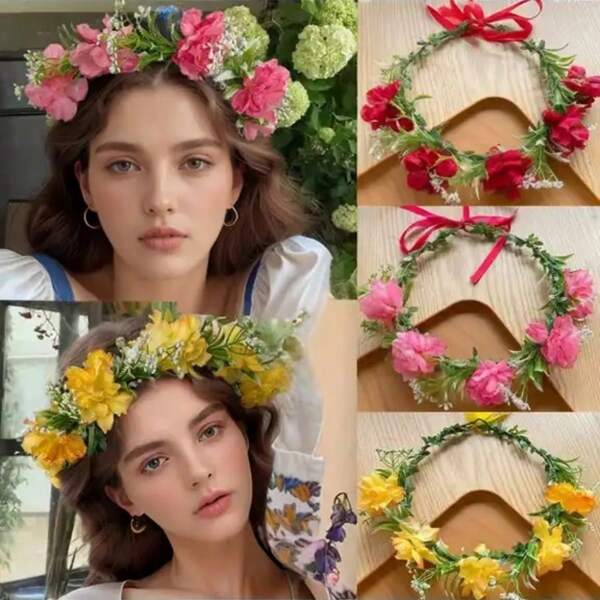 Corona de flores de hibisco simuladas, corona de flores para niña, pasador de flor de rosa, corona de novia con flores, accesorios de cabello estilo bohemio, decoraciones de bosque, accesorios dulces coreanos de hadas, regalos de boda, diademas para la mejor amiga y dama de honor, artículos para fiestas, artículos para eventos
