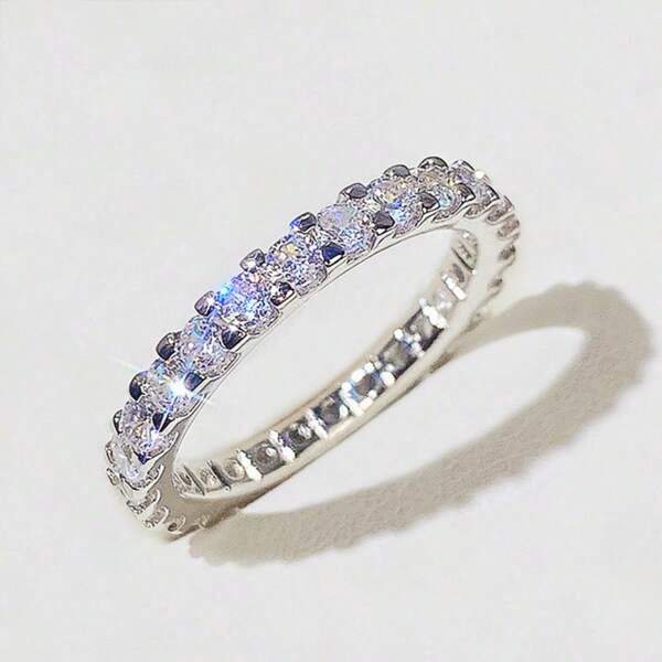1PC Elegant Cubic Zirconia Rings For Women For Wedding Engagement Band Jewelry Gift, White K Plated Minimalist Style Stackable Rings Jewelry